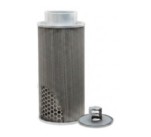 in-tank-suction-strainers Exploded view of in-tank suction strainer showing pleated mesh screen, perforated support tube, and stainless steel cap with spring